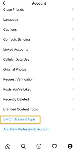 The "Switch account type" button on instagram